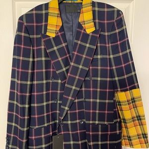 Asos design oversized double breast suit jacket with yellow contrast check arm.